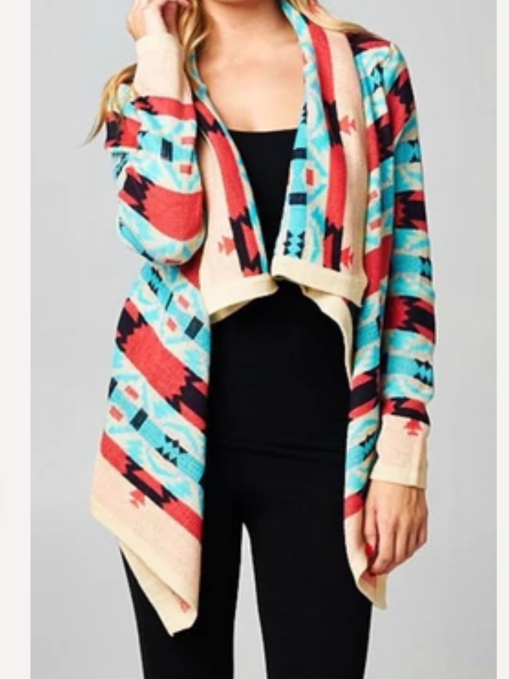 Moon Collection Turquoise & Coral Geometric Open-Front Cream Cardigan medium